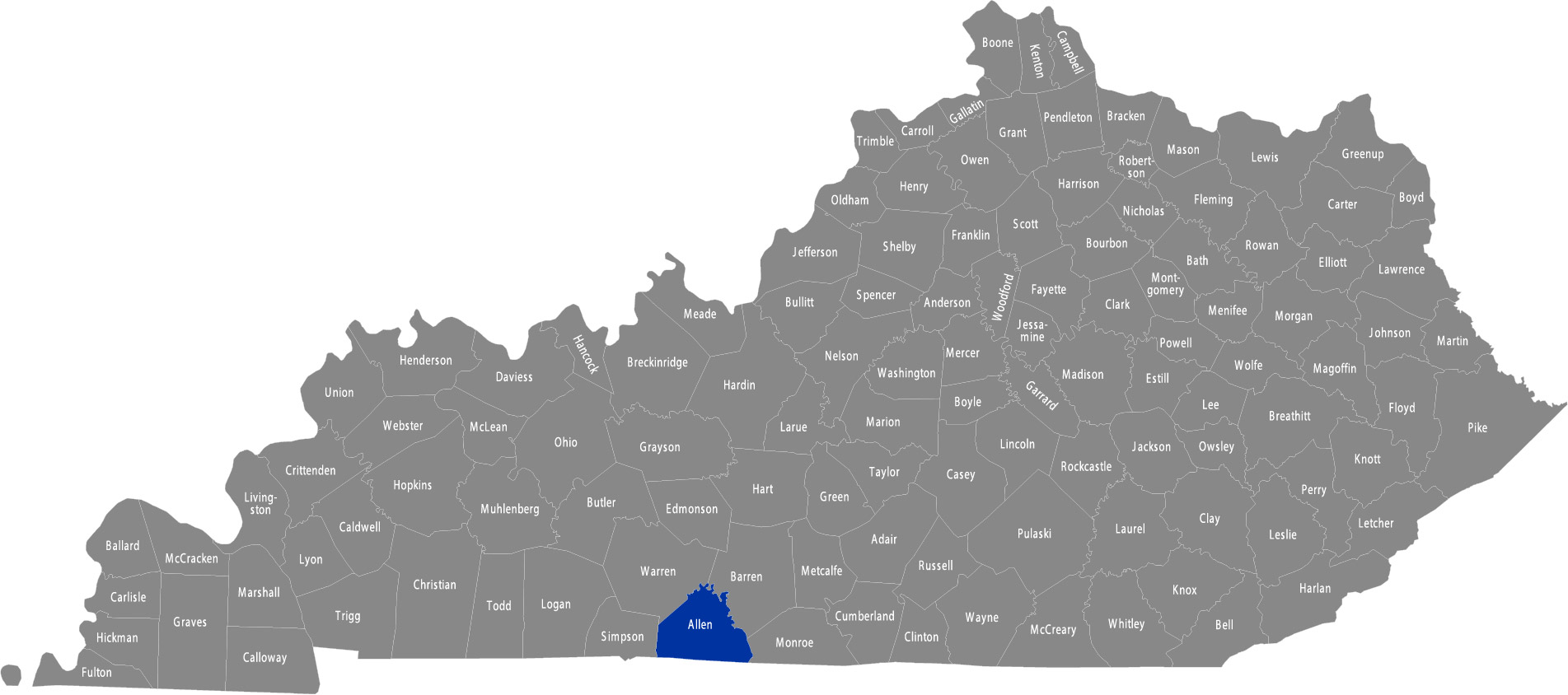 State of Kentucky map with Allen County highlighted